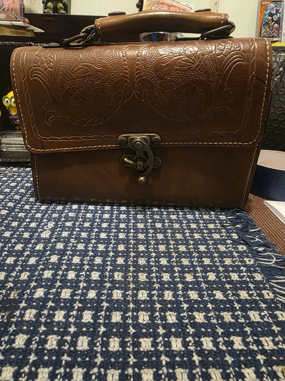Source Unknown Brown Tooled Leather Satchel with Brass Clasp